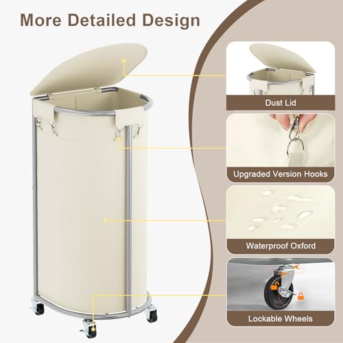 Rolling Laundry Basket with Lid, 100L Laundry Hamper with Wheels, Half Round Laundry Cart with Removable Bag, Sturdy Metal Frame Dirty Clothes Organizer for Bathroom, Bedroom, Beige - color: Beige, size: 100L(16.9"L x 12.6"W x 31.5"H)