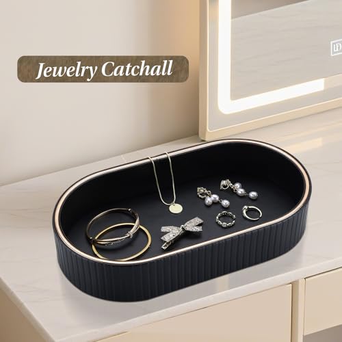 GORESE PU Leather Valet Tray Nightstand Organizer, Oval Perfume Trays Key Bowl Jewelry Dish for Bedside Dresser Entryway Table, Vanity Tray for Bathroom, EDC Trays for Men Women, 11×5.9 in, Black - color: Black