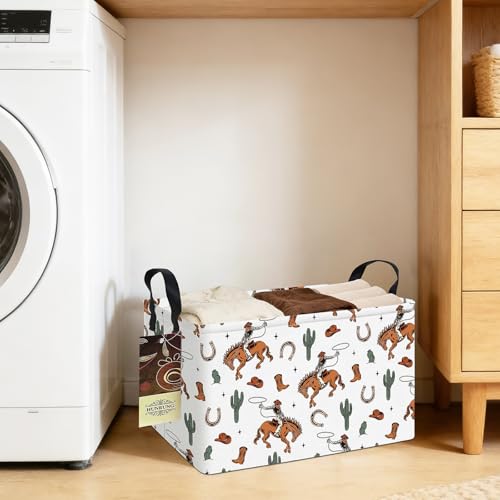 HUNRUNG Rectangle Canvas Storage Basket Foldable Waterproof Toy Organizer Bin with Handles Fabric Collapsible Storage Bins for Shelves Kids Room Playroom Nursery Clothes and Pet Supplies(REC-Cowboy) - color: REC-Cowboy