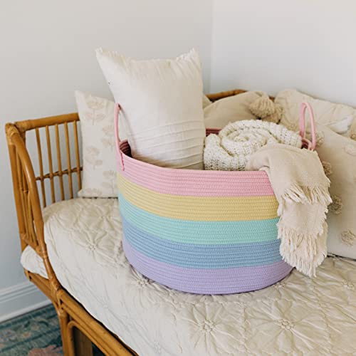 OrganiHaus Rainbow Blanket Basket for Classroom & Nursery, Extra Large Woven Laundry Basket w/Handles, Kids Toy Organizer & Storage, Soft Round Dog Toy Storage Bin, Cute Bin - 20"x13" in - color: Rainbow Pastel, size: Wide