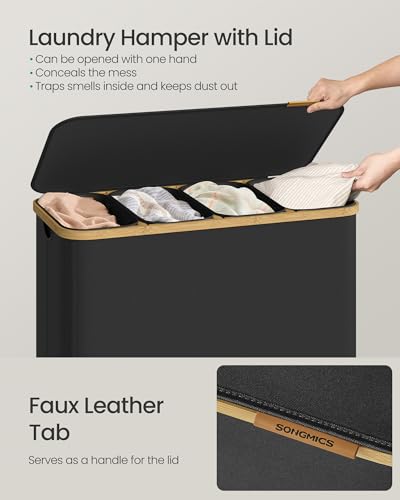 SONGMICS Laundry Hamper, Laundry Sorter with Lid, Storage Basket Bin, Removable Liners, Bamboo Frame, for Bedroom, 4 Sections, 59.4 Gallon (225 L), Ink Black ULCB534BH01 - color: Ink Black, size: 225 L (4-Section)