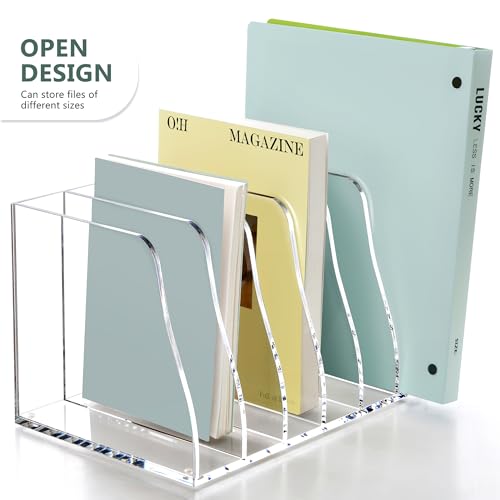 SANRUI Acrylic Magazine File Holder, 6 Vertical Compartments Desk Document Sorter Organizer, Clear Folder Rack Binder Bookstore Workspace Sorters for Office Accessories Organization Storage - style: 6 Slot B5 File Rack