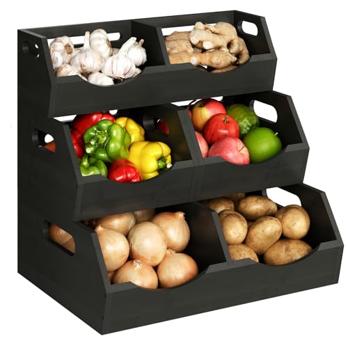 Potato Storage Bins Onion, 3 Tier Bamboo Pantry Storage Bin Stackable Ventilated Organizer for Kitchen, Pantry, Countertop, Bathroom, Black - color: Black