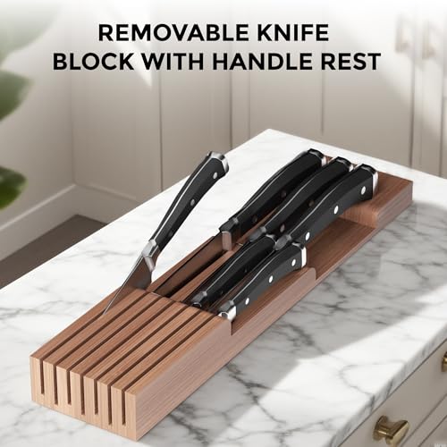 TIOPGHAD Bamboo-Silverware-Drawer-Organizer-Kitchen, Expandable Utensil Holder Cutlery Tray Flatware Organization Adjustable Wood Tableware Dividers Storage (with Removable Knife Block)(Brown) - color: Brown, size: Large