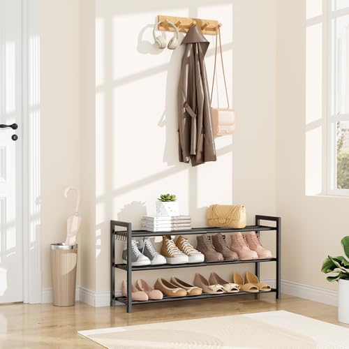 LANTEFUL Adjustable 18"-33" Expandable Shoe Rack for Closet 12 Pairs Small Spaces 3 Tier Shoe Organizer with 5 Hooks Metal Shoe Shelf for Entryway, Bedroom