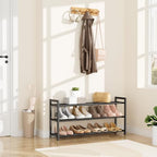LANTEFUL Adjustable 18"-33" Expandable Shoe Rack for Closet 12 Pairs Small Spaces 3 Tier Shoe Organizer with 5 Hooks Metal Shoe Shelf for Entryway, Bedroom