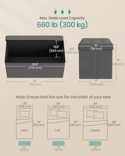 SONGMICS MAZIE Collection - 30 Inches Folding Storage Ottoman Bench, Ottoman Foot Rest, End of Bed Bench, Storage Chest, Load 660 lb, for Living Room, Bedroom, Entryway, Dark Gray ULSF47K - color: Dark Gray, size: 15"D x 30"W x 15"H