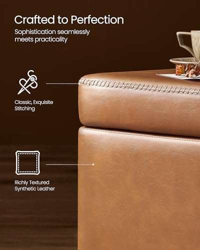 VASAGLE EKHO Collection - Storage Ottoman Bench, Entryway Bedroom Bench, 25 Gallons, Synthetic Leather with Stitching, Mid-Century Modern, Safety Hinges, Loads 660 lb, Caramel Brown ULOM075K01 - color: Caramel Brown, style: 25-Gallon Storage Bench