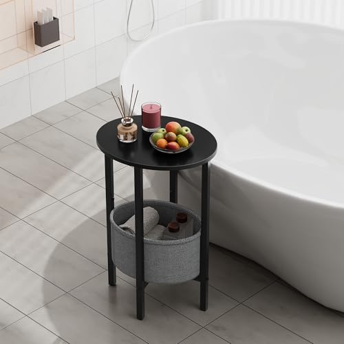 Vagusicc Round Side Table End Table with Storage Basket, Small Side Table Round Nightstand for Small Spaces, Tall Oval End Table with Steel Frame, Coffee Bedside Table for Living Room Bedroom, Black - color: Black
