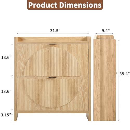 Narrow Shoe Cabinet with 2 Flip Drawers for Entryway,Wood Slim Shoe Rack Cabinet, Freestanding Hidden Shoe Storage Organizer, Space-Saving, Round Fluted Pattern for Hallway, Living Room (Natural) - color: Natural-2 Flip Drawers