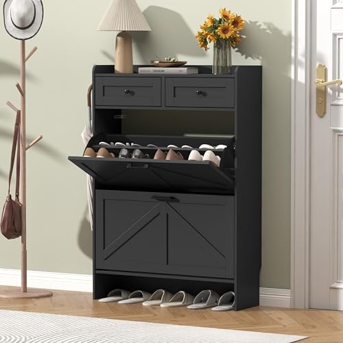 Thacuok Black Shoe Cabinet with 2 Flip Drawers & 2 Storage Drawers, Rustic Farmhouse Narrow Shoe Organizer Cabinet, Slim Shoe Rack Cabinet, Shoe Storage Cabinet for Entryway, Hallway - color: Black, size: 2 Drawers