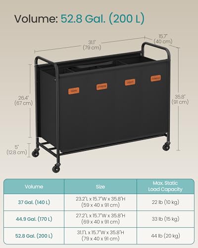 SONGMICS 4-Section Laundry Sorter, Laundry Hamper with Wheels, Rolling Clothes Hamper Cart with Large Capacity and Removable Bags, for Laundry Room, Bedroom, Bathroom, Ink Black URLS460B01 - color: Ink Black, size: 200 L