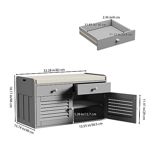 WARMHONIU Shoe Storage Bench with 2 Drawers, Entryway Bench with Cushion, Adjustable Shelves, Shoe Rack Bench with Louvered Doors for Entryway, Bedroom, Hallway, White - color: Grey, style: 2 Drawers Storage