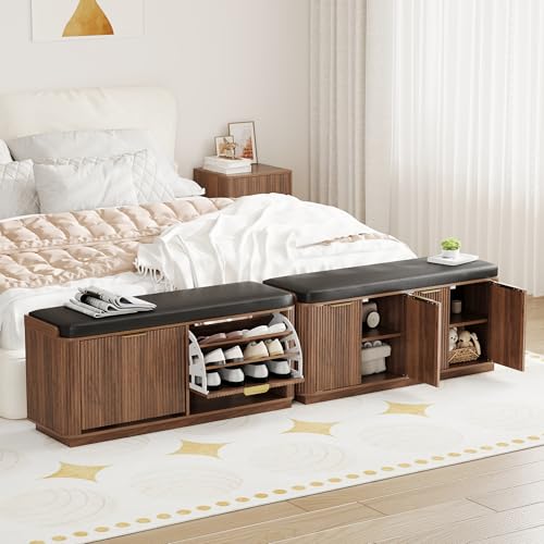Fluted 3-Tier Entryway Shoe Bench with Drawers and Adjustable Shelves, 43.3'' Wide Shoe Storage Bench with Cushion Seat for Entrance, Hallway, Living Room, End of Bed - Walnut - size: Drawer-walnut