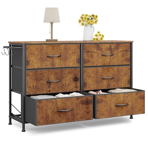 Dresser for Bedroom with 6 Drawers, Small Fabric Dresser for Kids Bedroom, Chest of Drawers, Storage Organizer Dresser for Closet, Nursery, Dorm, Apartment, TV Stand, Wood Top Side Hooks, Rustic Brown - color: Rustic Brown, size: 11.8"D x 39.4"W x 25.6"H
