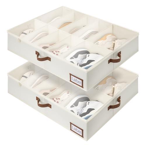 StorageWorks Under Bed Shoe Storage for Closet, 2-Pack Ultra-thick Fabric Shoe Organizer, Collapsible Shoes Containers with Bottom Support, Fits up to 24 Pairs, Beige - color: Beige, style: Fixed Divider