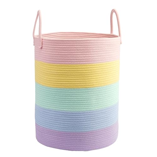 Woven Cotton Rope Laundry basket-15”X20” Laundry Hamper-Rope Storage Basket for Dirty Clothes, Toys and Blankets Perfect for Bathroom, Baby nursery and Living Room Storage (light rainbow) - color: light rainbow, size: regular