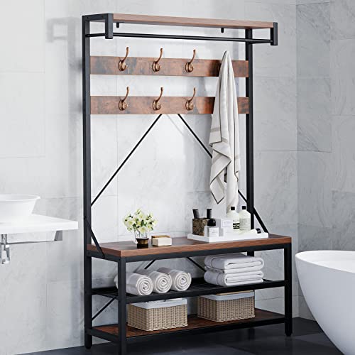 IDEALHOUSE Coat Rack Shoe Bench Industrial Hall Tree Storage Bench for Entryway Wood Look Accent Large Shoe Rack with Storage Shelf Hanging Bar,8 Hooks Grey 39.9"x15.7"x72" - color: Brown