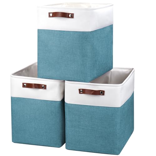 Bagnizer Large Fabric Storage Baskets | 50L Storage Bins, Decorative Linen Closet Baskets with Handles for Organizing, Shelf, Toys, Clothes, Home, Office, Nursery, 17x12x15Inches (Teal&White) - color: Teal / Off-White, size: Extra Large -17"x12"x15"