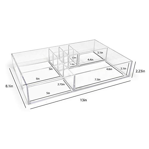 Isaac Jacobs 8-Compartment Clear Acrylic Drawer Organizer (13" L x 8.1" W x 2.3" H), Multi-Sectional Tray & Storage Solution for Makeup, School & Office Supplies, Bathroom, Kitchen (Pack of 2) - size: 8-Compartment (Pack of 2)