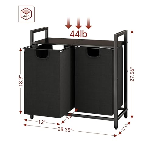 Kitstorack Laundry Basket Organizer, Laundry Hamper with Shelf & 2 Pull-Out Removable Bags, Dirty Clothes Hamper Organizer for Laundry Room Bathroom and Dorm, 2 x 11.8 gallons (44.5L) - color: Black, size: 2 Bags(28.4"L x 12.6"W x 27.6"H)