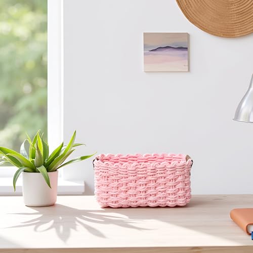 Small baskets for Organizing,Cute woven Storage basket with recycled paper rope for Shelves Bathroom,Little decorative basket,Set of 3 (Pink) - color: Pink