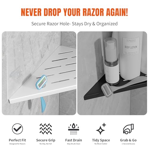 Corner Shower Shelf with Razor Hole, Rustproof Stainless Steel Shower Organizer, No Drilling Tile Shower Shelves, Modern Bathroom Shelf for Tile Wall, Grout in Shelf for Bathroom 2-Pack, 10" - color: 5-white