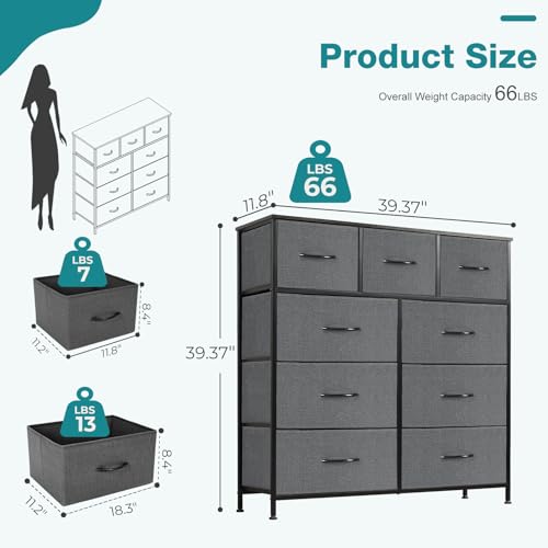 OLIXIS 9 Drawers Storage Organizers Units, Closet Organizers and Storage for Clothes, Fabric Storage Drawer for Living Room, Chest of Dresser in 39.4" D x 11.8" W x 39.9" H, Grey - color: Grey, size: 39.4"D x 11.8"W x 39.9"H (9 Drawers)