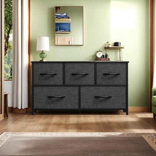 YITAHOME Dresser with 5 Drawers - Fabric Storage Tower, Black Dresser & Chest of Drawers, Organizer Unit for Bedroom - color: Black Ash Grey(new 2025), style: 5-Drawer