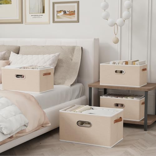 Yawinhe Fabric Storage Bins with Handles, Foldable Baskets for Shelves, Cubes with 3 Handles, Large Boxes for Clothes, Beige, 16.9''Lx11.8''Wx10.2''H, 4-Pack - color: Beige, size: 16.9x11.8x10.2inch(4-Pack)