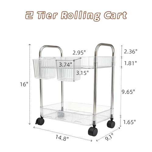 2 Tier Utility Rolling Cart with Wheels Sofa Side Table Small Under Desk Storage Organizer, Clear Acrylic Plastic Mobile Trolley Organization Storage Cart for Kitchen Pantry Bathroom Vanity - color: Transparent