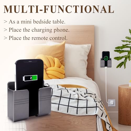 2 Pcs Wall Mount Phone Holder with 3M Adhesive Phone Stand with Data Cable Receiving Hole, Charger Remote Control Storage Box for Bedroom, Kitchen, Bathroom, Office (Gray) - color: Grey