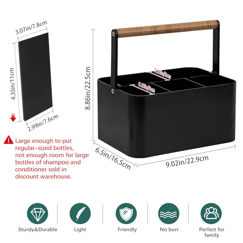 BYUNER Portable Shower Caddy Dorm: Bathroom Caddy Organizer with Handle and Adjustable Dividers,Plastic Shower Basket for Toiletry,Makeup,Vanity,Shower Storage Tote for College, Cleaning Caddy, Black - color: Black / Wood Handle