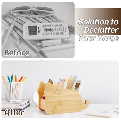 RETON Bamboo Remote Control Holder with 4 Compartments, Cute Cloud - Shaped Pen Organizer, TV Remote Holder Storage Caddy Box Suitable for Media Controller Makeup Brush Office desk Supplies (Cat)