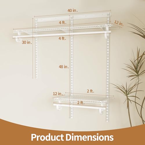 PROWORX 2-4 Ft. Expandable Closet Organizer System Kit, White Custom Metal Wire Shelving, Organization and Storage Shelves Wall Mounted with Hanging Rods