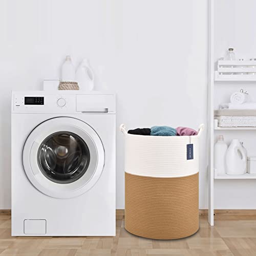 COMSE Extra Large Blanket Basket, Tall Woven Storage Basket, Nursery Hamper, 15.7”x 21.7”, Cotton Rope Laundry Hamper for Toys Clothes Towels, White/Camel - color: White & Camel