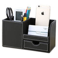 KINGFOM Desk Organizer Office Supplies Caddy Pu Leather Multi-function Storage Box Pen/Pencil,Cell phone, Business Name Cards Remote Control Holder with Small Drawer Black - color: Black