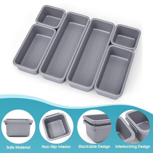 6 PCS Drawer Organizer Set, 3 Size Makeup Drawer Divider Organizer With Non-Slip Pads, Interlocking Plastic Storage Bins for Office,Jewelry Vanity,Gadgets, Bathroom,Kitchen, Grey - color: Grey, size: 6Pack