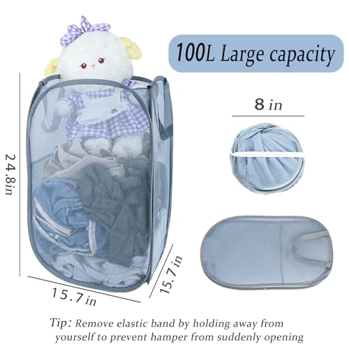 Upgraded 100L Extra Large Collapsible Laundry Hampers. Pop Up Laundry Basket Mesh with Pocket, Fold Compact, Large Hold Portable Travel Laundry Bag for Dorm Storage Bin, Grey. V - color: Grey, size: Single XL Vertical