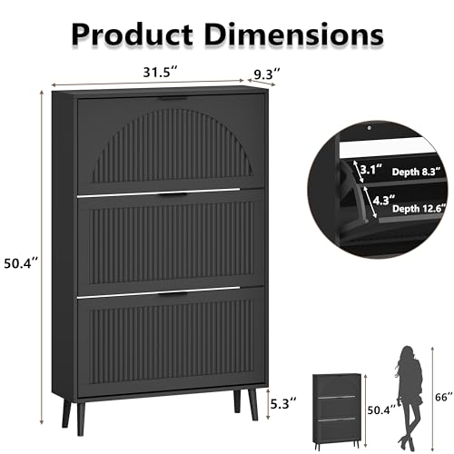 BORNOON Shoe Cabinet for Entryway with 3 Flip Drawers, Slim Wooden Shoe Storage Organizer with Modern Fluted Pannel，Freestanding Narrow Hidden Shoe Rack for Hallway, Foyer, Living Room - color: Black, size: 3 Flip Drawers