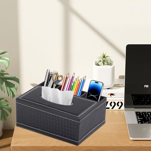Tissue Box Cover Rectangle Black Tissue Box Holder PU Leather Facial Tissue Organizer,Multifunctional Remote Control Stationery Storage Box,Home Office Supplies Car Napkin Caddy - color: Multifunctional Tissue Box-black Weave