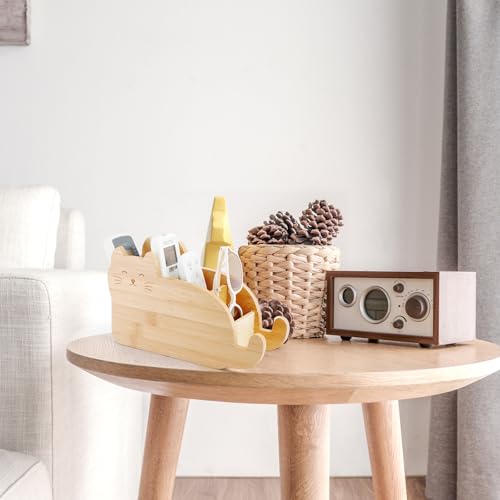 RETON Bamboo Remote Control Holder with 4 Compartments, Cute Cloud - Shaped Pen Organizer, TV Remote Holder Storage Caddy Box Suitable for Media Controller Makeup Brush Office desk Supplies (Cat)