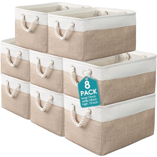 meekoo 8 Pack Collapsible Storage Bins Fabric Storage Bins Polyester Fabric Baskets with Handles Linen Closet Organizer for Shelf Home Closet Towels Toys(17 x 12 x 15 in,Beige) - color: Beige, size: 17 x 12 x 15 In