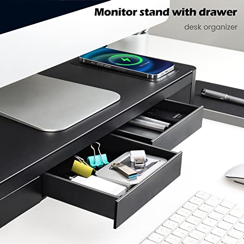 meatanty 3 In 1 Monitor Stand Riser with 2 Drawers,1 Wireless Charging Module and 4 USB Ports,Metal Computer Stand Support Transfer Data & Charging,Desk Organizer for PC,iMac (21 inches) - size: Large, style: Wireless Charger Version