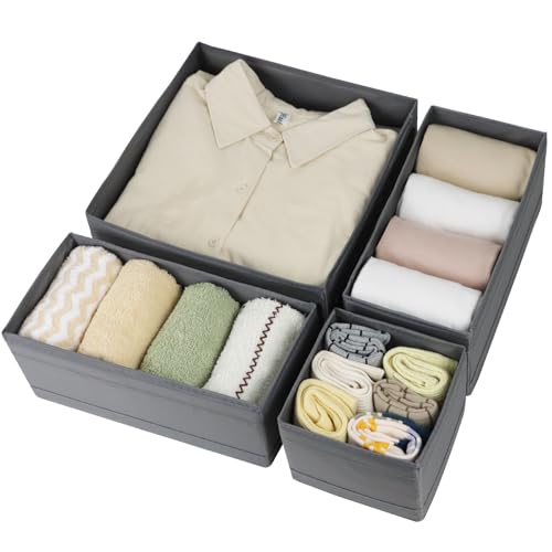 Washable Cloth Drawer Organizer, Set of 4 Foldable Sock Dresser Drawer Organizers Storage Boxes, Fabric Storage Boxes Closet Cabinet Organizer for Clothes (Gray, S+2M+L) - color: Gray, size: 1S+2M+1L