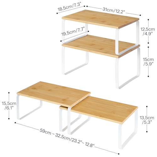 HOOBRO Cabinet Organizer Shelf, Set of 4 Kitchen Counter Shelves, Expandable Kitchen Storage, Stackable Bamboo Spice Rack, for Kitchen, Countertop, Office Desk, Bathroom, Natural and White YW30TLP201 - color: Natural, White