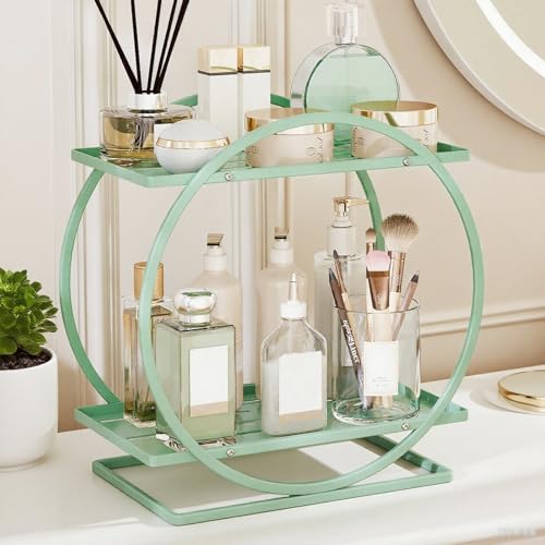 Green Perfume Organizer for Dresser, 2-Tier Bathroom Counter Organizers, Elegant Round Makeup Organizer for Vanity, Versatile Bathroom Tray Countertop Shelf, Compact Skincare Storage - color: Green