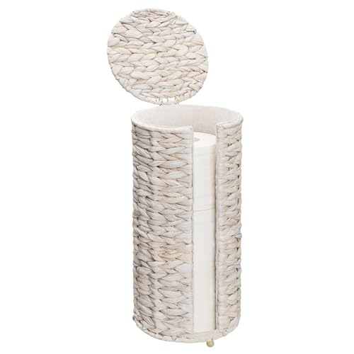 StorageWorks Free Standing Wicker Toilet Paper Holder Stand for Bathroom Storage, Decorative Water Hyacinth Toilet Paper Storage with Lid, 3 Rolls of Tissue Holder with a Built-in Cloth Lining, White - color: White（water Hyacinth）, size: 6¾"D(For 3 Roll)