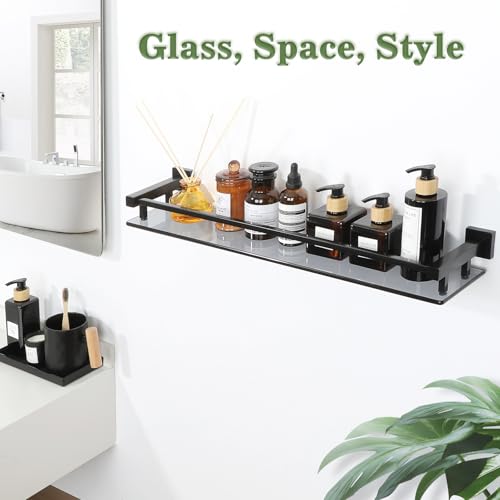 Alise Glass Bathroom Shelves Wall Mounted, 24 Inch Matte Black Tempered Floating Shelves Bathroom, Stainless Steel Bathroom Glass Shelf - color: Matte Black, size: 24 Inch