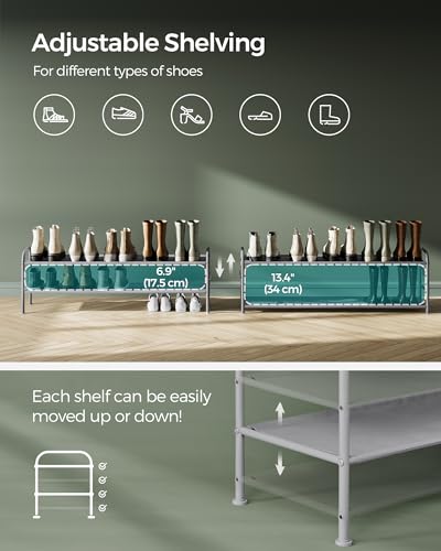 SONGMICS Shoe Rack, 2-Tier Shoe Organizer, Fabric Shoe Shelf Storage with 4 Hooks, Holds up to 12 Pairs of Shoes, Height-Adjustable Shoe Rack for Entryway, Hallway, Closet, Easy Assembly, Dove Gray - color: Dove Gray, size: 2 Tier (13.7"H)